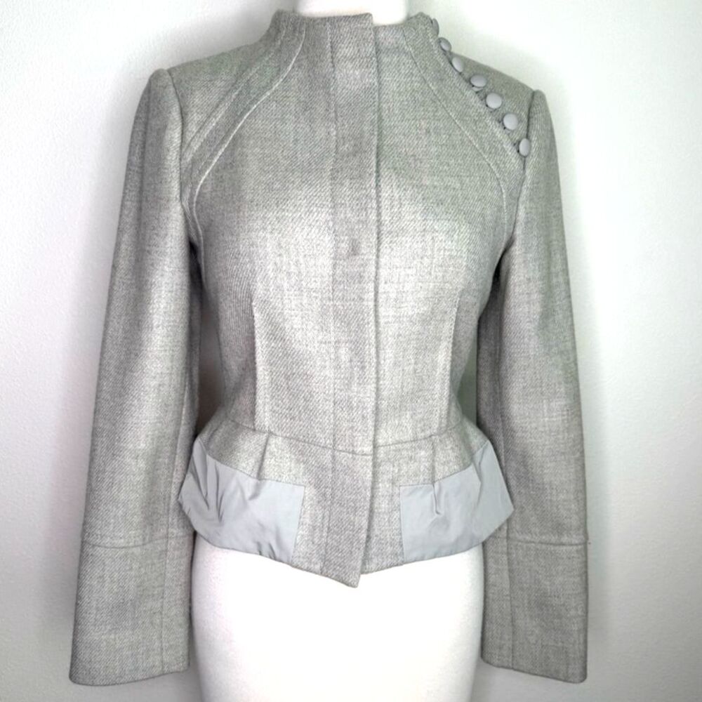 BCBG Max Azria Jacket Gray Tailored Peplum Blazer  Covered Buttons Wool